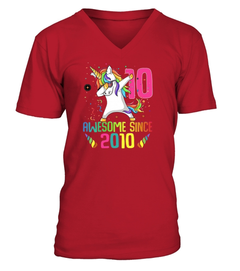 Awesome Since 2010 10 Years Old 10th Birthday Unicorn Dabbing shirt V-Neck T-shirt
