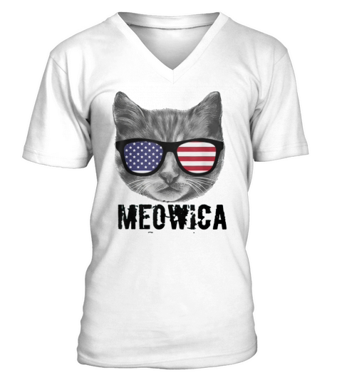 Patriotic Cat Kitten American Flag Glasses Shirt V-Neck T-shirt