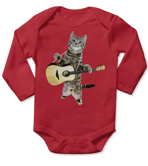 Cat Playing Acoustic Guitar T-shirt Cool Musician Guitarist Long Sleeve Baby One-Piece