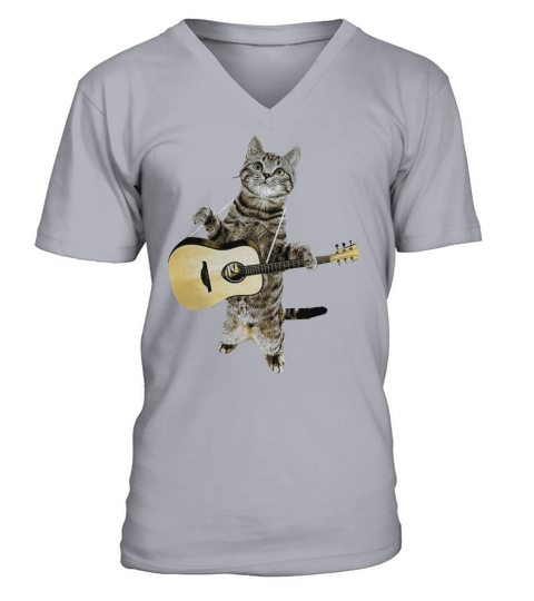 Cat Playing Acoustic Guitar T-shirt Cool Musician Guitarist V-Neck T-shirt
