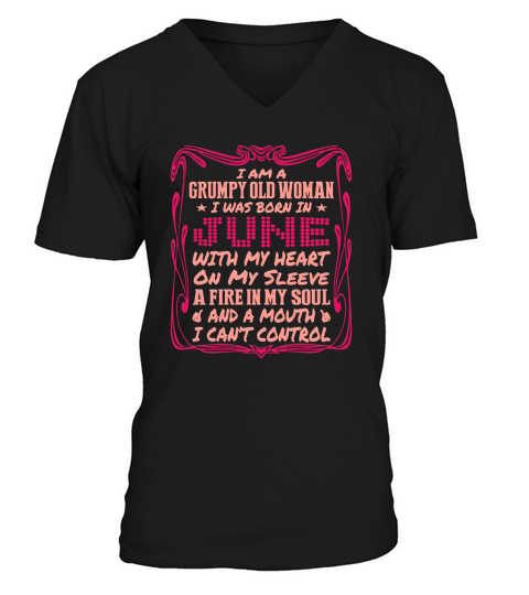 Grumpy Old Woman Born In June With Heart On Sleeve T-Shirts V-Neck T-shirt