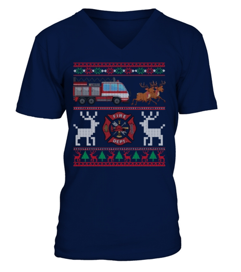 Fire Truck Sleigh Ugly Sweater Christmas V-Neck T-shirt