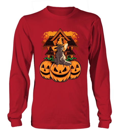 Witch Hat Cat On Creepy Monster Pumkin Faces A Long sleeved Unisex