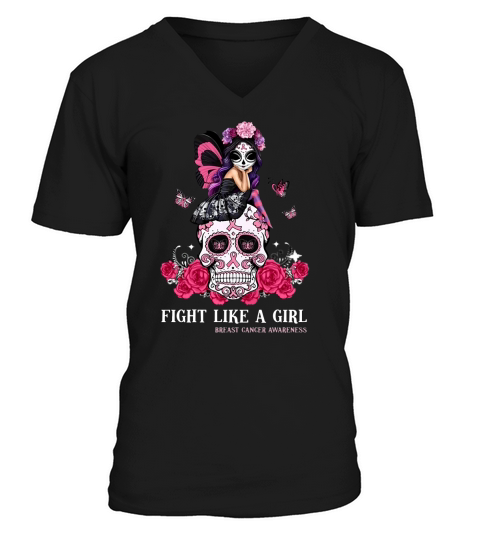 Skull fight like a girl breast cancer awareness V-Neck T-shirt