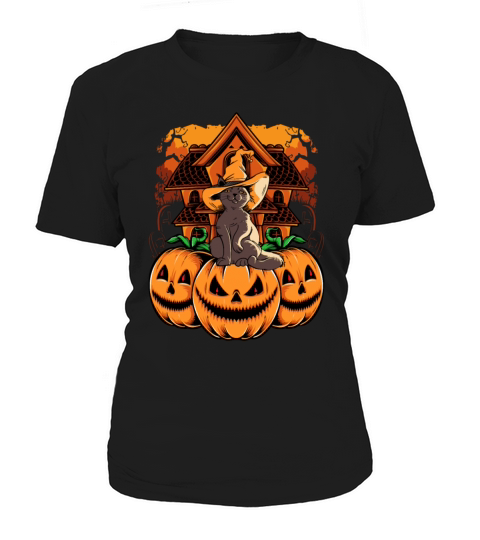 Witch Hat Cat On Creepy Monster Pumkin Faces A Women's T-Shirt
