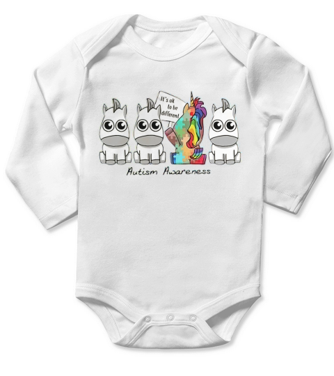 Unicorn Its Ok to be different Autism Awareness Long Sleeve Baby One-Piece