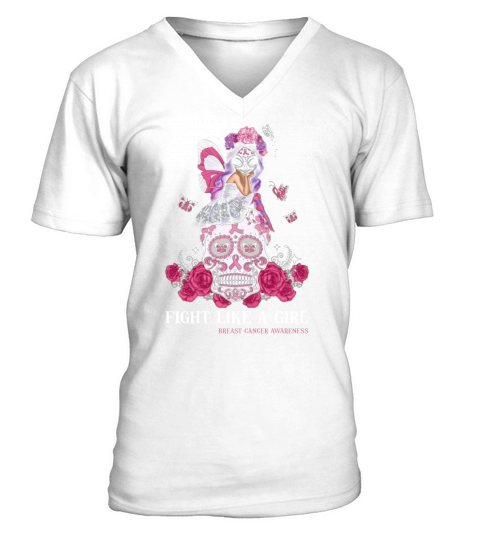 Skull fight like a girl breast cancer awareness V-Neck T-shirt
