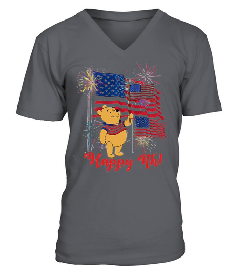 Winnie The Pooh Happy 4th July American Flag V-Neck T-shirt