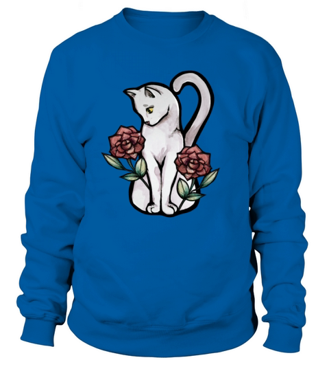Vintage White Cat Roses Sweatshirt Unisex