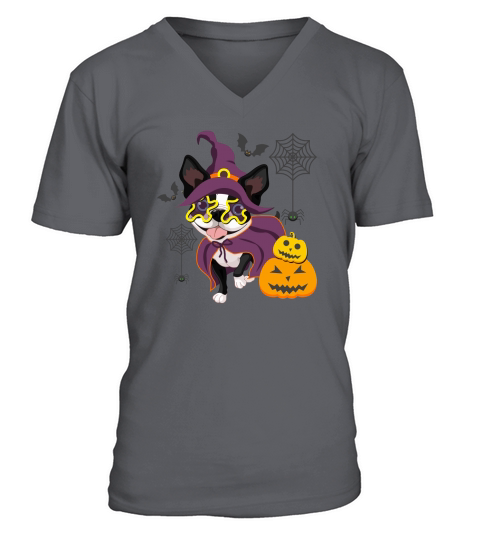 Boston Terrier Witch Funny Halloween V-Neck T-shirt