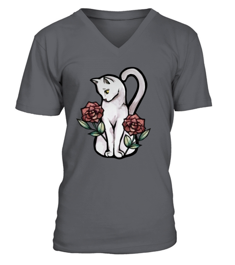 Vintage White Cat Roses V-Neck T-shirt