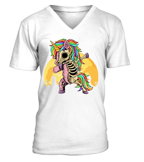 Dabbing Zombie Unicorn Skeleton Halloween Gift V-Neck T-shirt