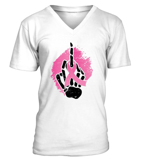 Pink Ribbon Skeleton Hand Breast Cancer Awareness V-Neck T-shirt