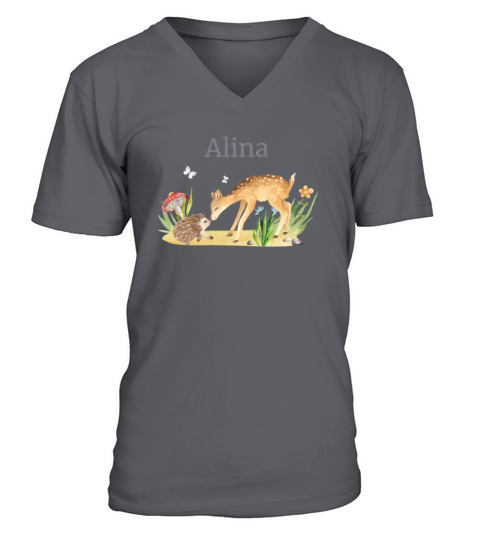 Forest Animal Deer Hedgehog Flowers Name Alina V-Neck T-shirt