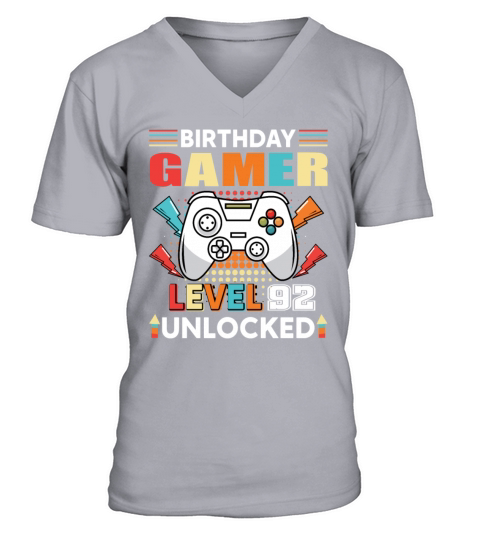 Birthday Gamer Level 92 Unlocked 92 Birthday V-Neck T-shirt