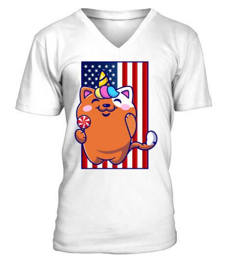 Cat Unicorn Candy American Flag Usa 4th of July V-Neck T-shirt