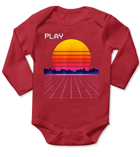 80s Neon Grid Sunset Vaporwave Synthwave Outrun T-Shirt Long Sleeve Baby One-Piece