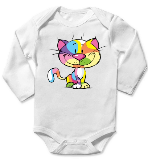 Cute Kitty Cartoon Colorful Pop Art Design Long Sleeve Baby One-Piece