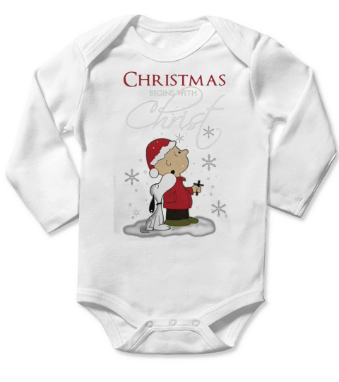 Snoopy and Charlie Christmas begins with Christ Long Sleeve Baby One-Piece