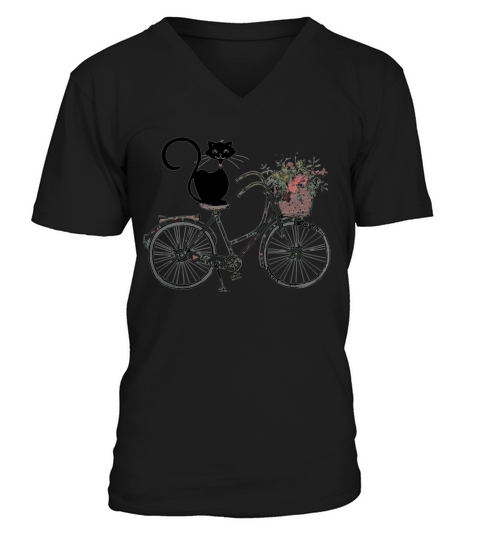 Cat black driving bicycle flower V-Neck T-shirt