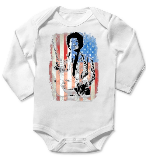 Jimi Hendrix American Flag Overlay Guitar Graphic T-Shirt Long Sleeve Baby One-Piece