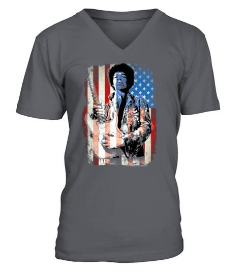 Jimi Hendrix American Flag Overlay Guitar Graphic T-Shirt V-Neck T-shirt